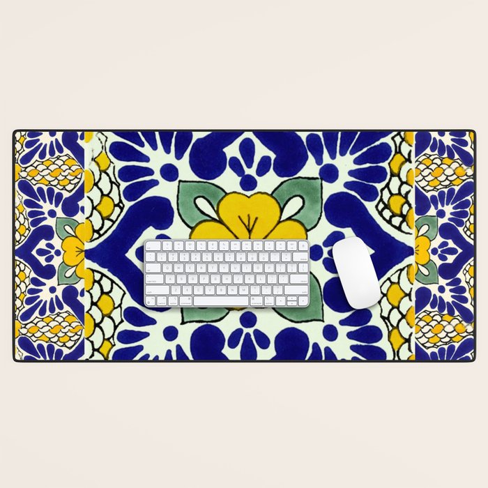 talavera mexican tile in yellow and blu Desk Mat Gallery Image 1