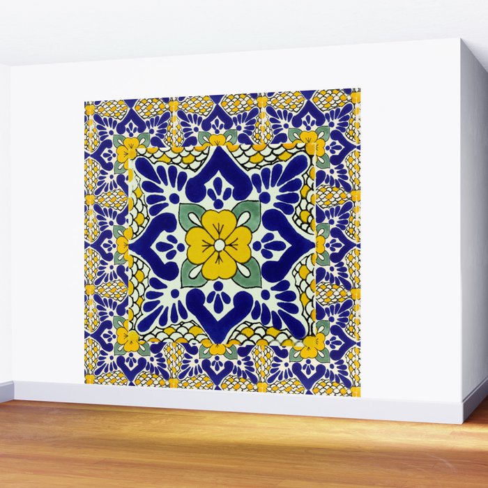 talavera mexican tile in yellow and blu Wall Mural Gallery Image 2
