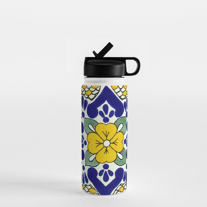 talavera mexican tile in yellow and blu Water Bottle Gallery Image 1