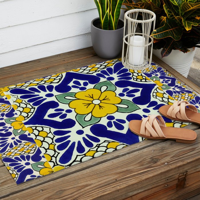 talavera mexican tile in yellow and blu Outdoor Rug Gallery Image 2