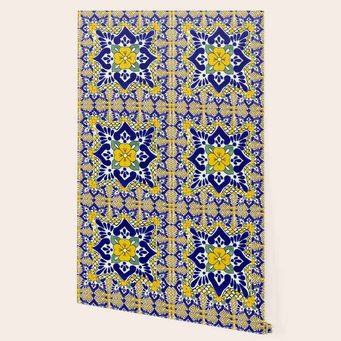 talavera mexican tile in yellow and blu Wallpaper Gallery Image 2