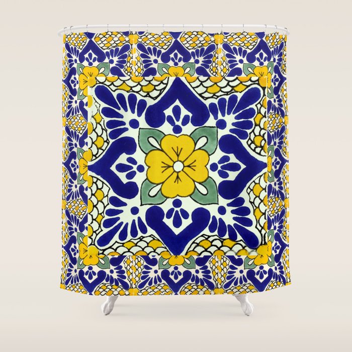 talavera mexican tile in yellow and blu Shower Curtain Gallery Image 1