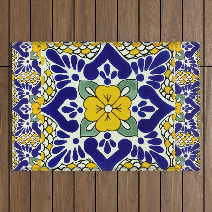 talavera mexican tile in yellow and blu Outdoor Rug Gallery Image 1