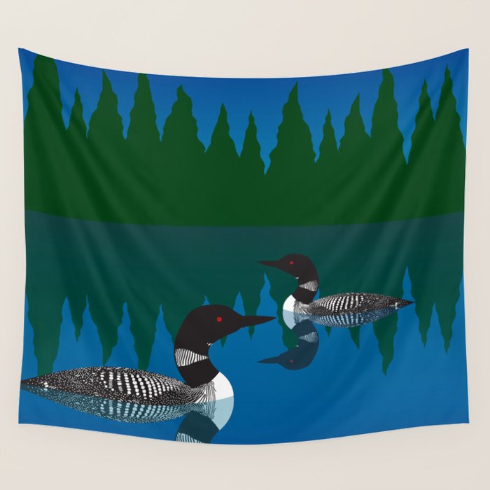 Loons in a Woodland Lake Wall Tapestry Gallery Image 1