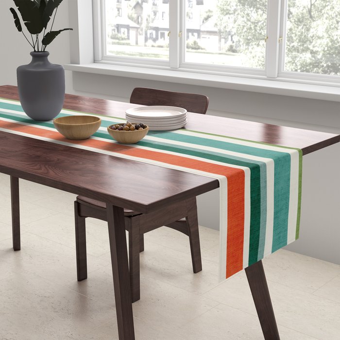 Colorful Stripes Green Orange Yellow White Artwork Table Runner Gallery Image 2