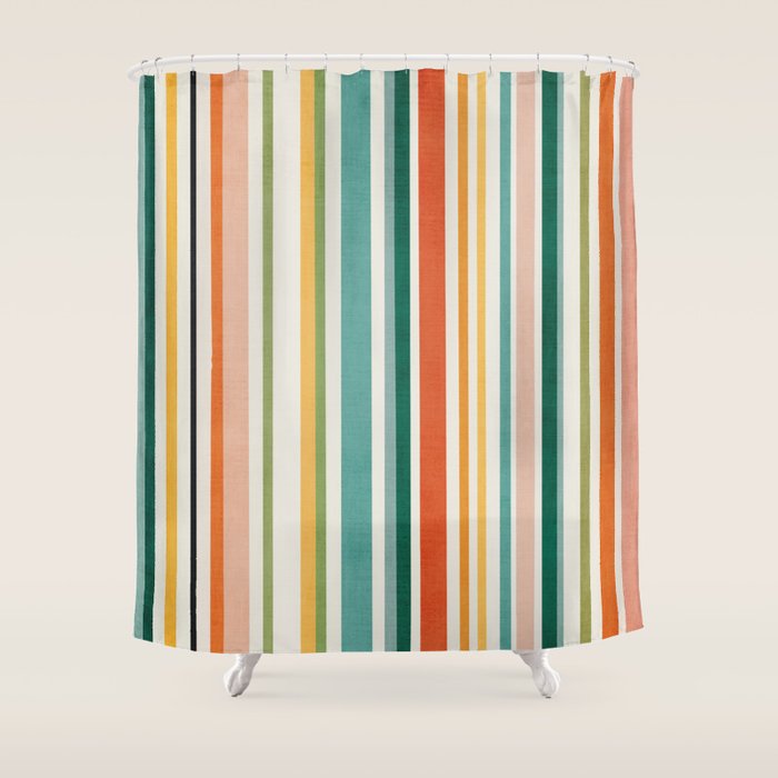 Colorful Stripes Green Orange Yellow White Artwork Shower Curtain Gallery Image 1