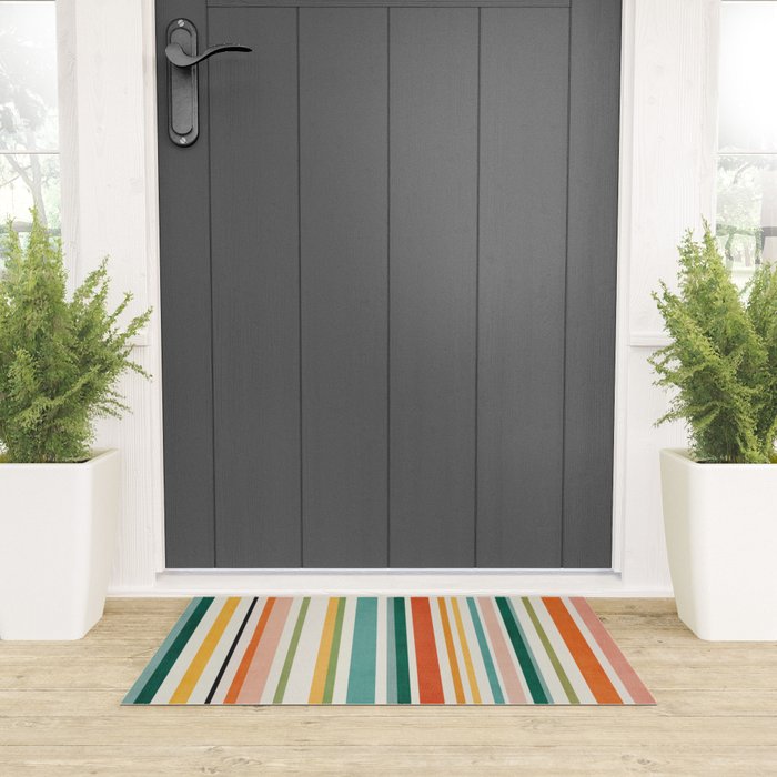 Colorful Stripes Green Orange Yellow White Artwork Welcome Mat Gallery Image 3