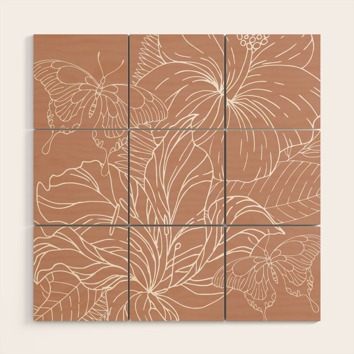 Floral, Butterfly Art, Line Drawing, Terracotta Wood Wall Art Gallery Image 1