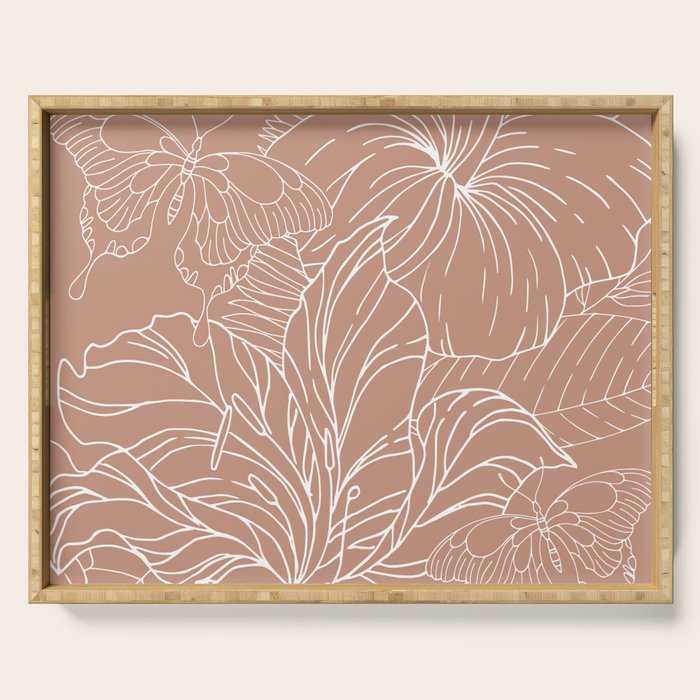 Floral, Butterfly Art, Line Drawing, Terracotta Serving Tray Gallery Image 1