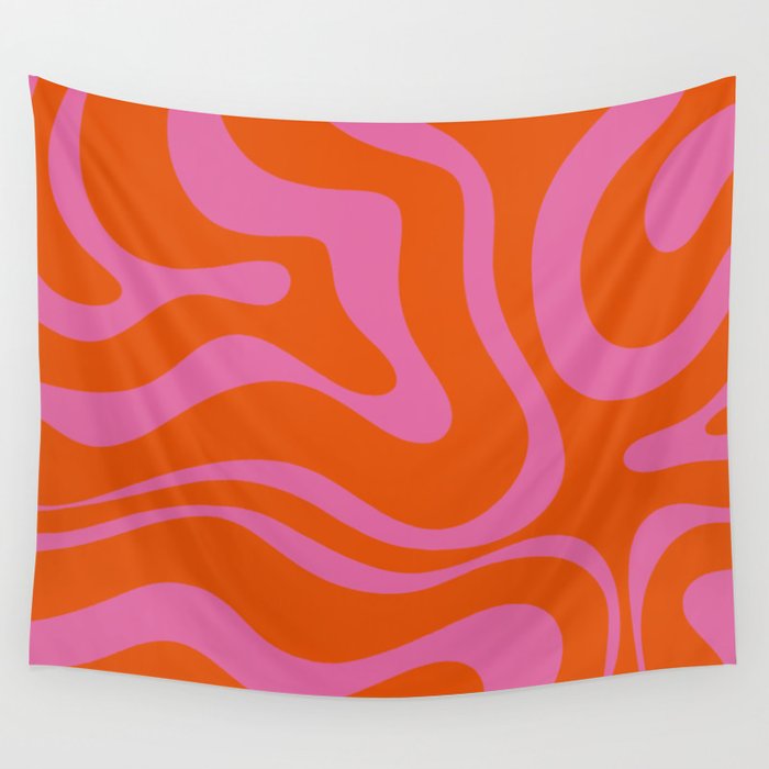 Modern Retro Liquid Swirl Abstract Pattern Square in Red Orange and Hot Pink Wall Tapestry Gallery Image 1