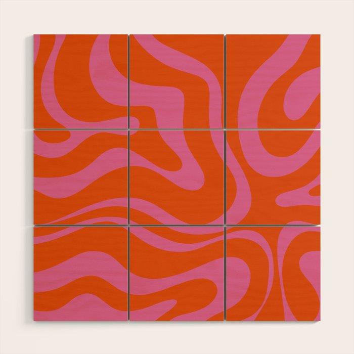 Modern Retro Liquid Swirl Abstract Pattern Square in Red Orange and Hot Pink Wood Wall Art Gallery Image 1