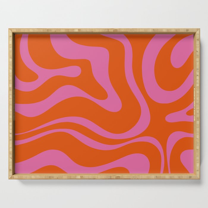 Modern Retro Liquid Swirl Abstract Pattern Square in Red Orange and Hot Pink Serving Tray Gallery Image 1