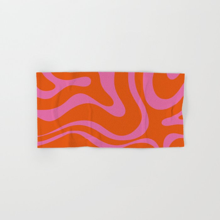 Modern Retro Liquid Swirl Abstract Pattern Square in Red Orange and Hot Pink Bath Towel Gallery Image 1