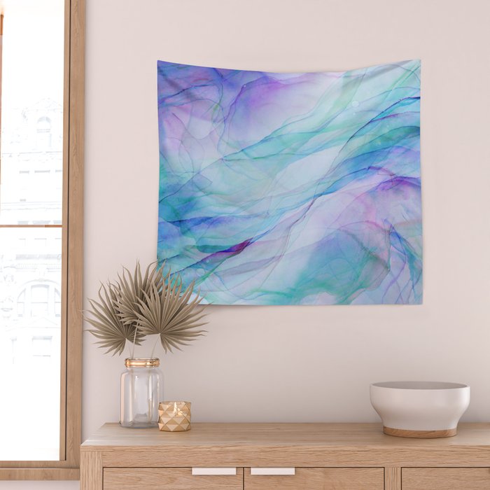 Pastel Violet Turquoise Abstract Ink Painting Wall Tapestry Gallery Image 2