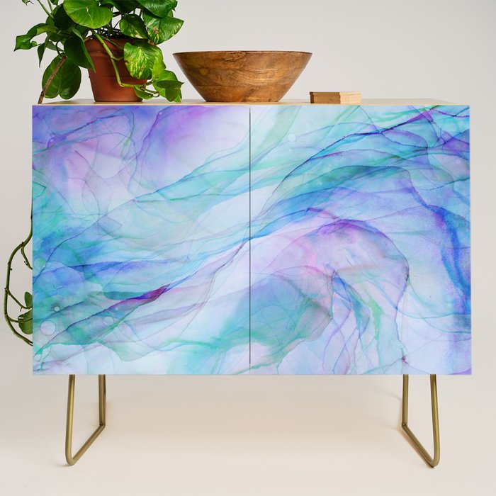Pastel Violet Turquoise Abstract Ink Painting Credenza Gallery Image 1