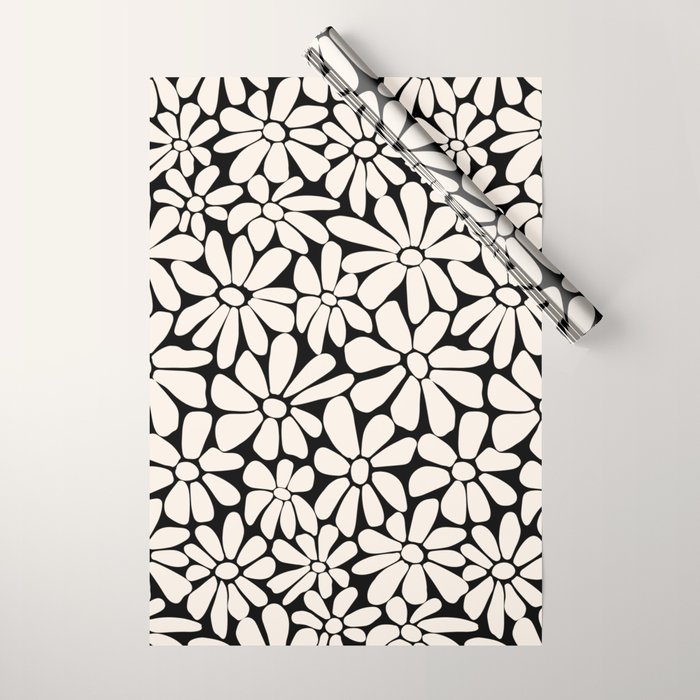 Black and White Retro Floral 2 Wrapping Paper Gallery Image 1