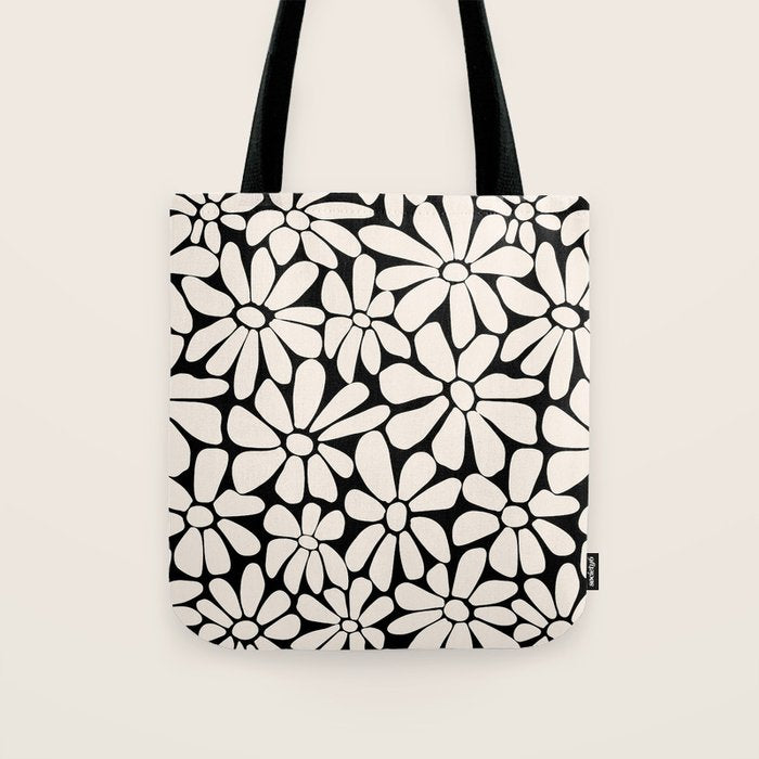 Black and White Retro Floral 2 Tote Bag Gallery Image 1