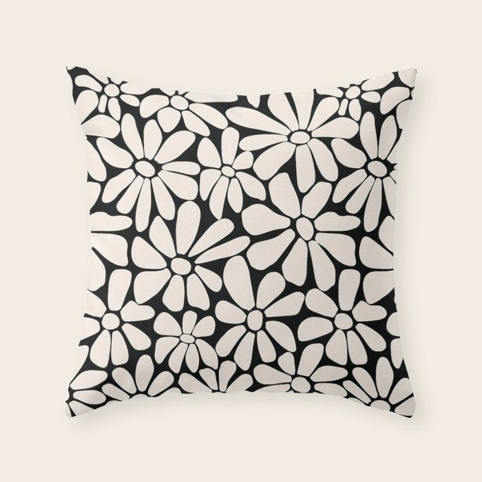 Black and White Retro Floral 2 Throw Pillow Gallery Image 6