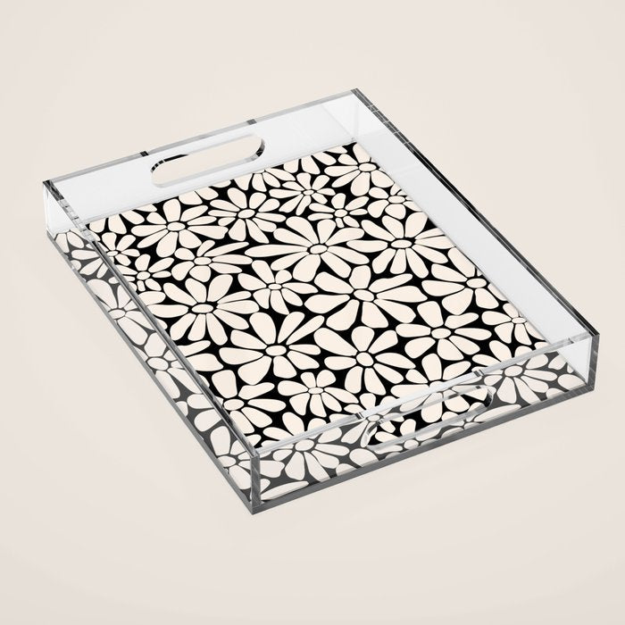 Black and White Retro Floral 2 Acrylic Tray Gallery Image 1