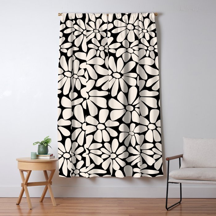 Black and White Retro Floral 2 Window Curtain Gallery Image 1