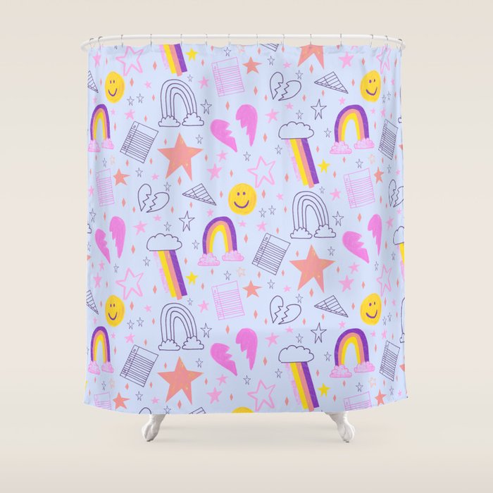 Happy Smiley Face & Retro Rainbows in Periwinkle & Pink Shower Curtain Gallery Image 1