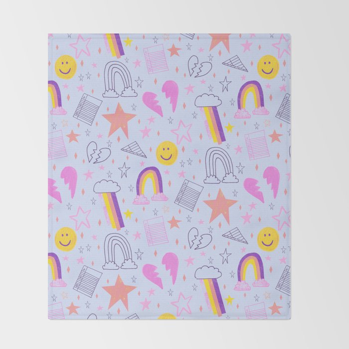 Happy Smiley Face & Retro Rainbows in Periwinkle & Pink Throw Blanket Gallery Image 2