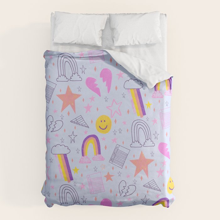 Happy Smiley Face & Retro Rainbows in Periwinkle & Pink Duvet Cover Gallery Image 1