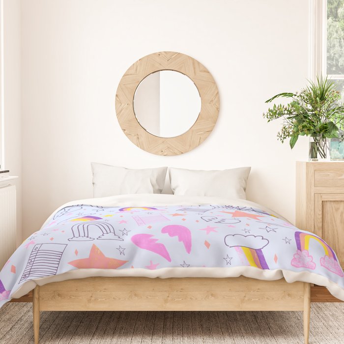 Happy Smiley Face & Retro Rainbows in Periwinkle & Pink Duvet Cover Gallery Image 3