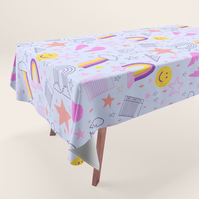 Happy Smiley Face & Retro Rainbows in Periwinkle & Pink Tablecloth Gallery Image 1
