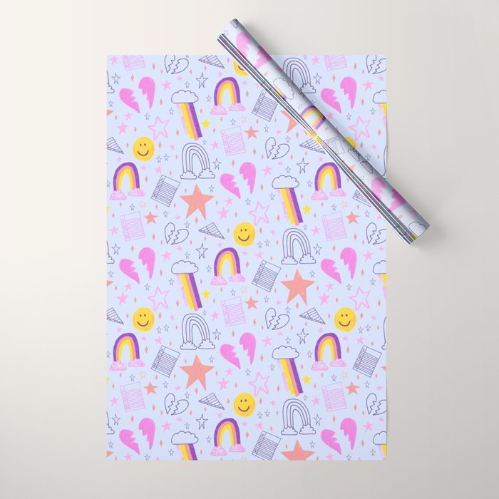 Happy Smiley Face & Retro Rainbows in Periwinkle & Pink Wrapping Paper Gallery Image 1