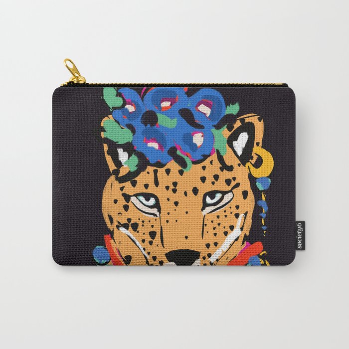 Fashionable cheetah with flowers crown portrait  Carry All Pouch Gallery Image 1
