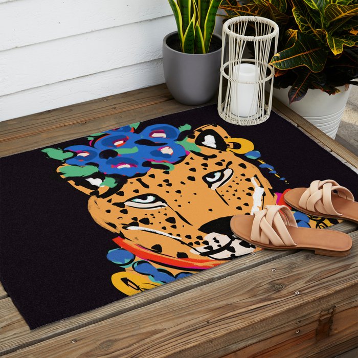 Fashionable cheetah with flowers crown portrait  Outdoor Rug Gallery Image 2