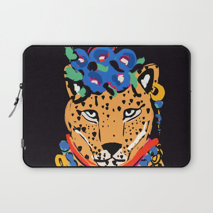 Fashionable cheetah with flowers crown portrait  Laptop Sleeve Gallery Image 1