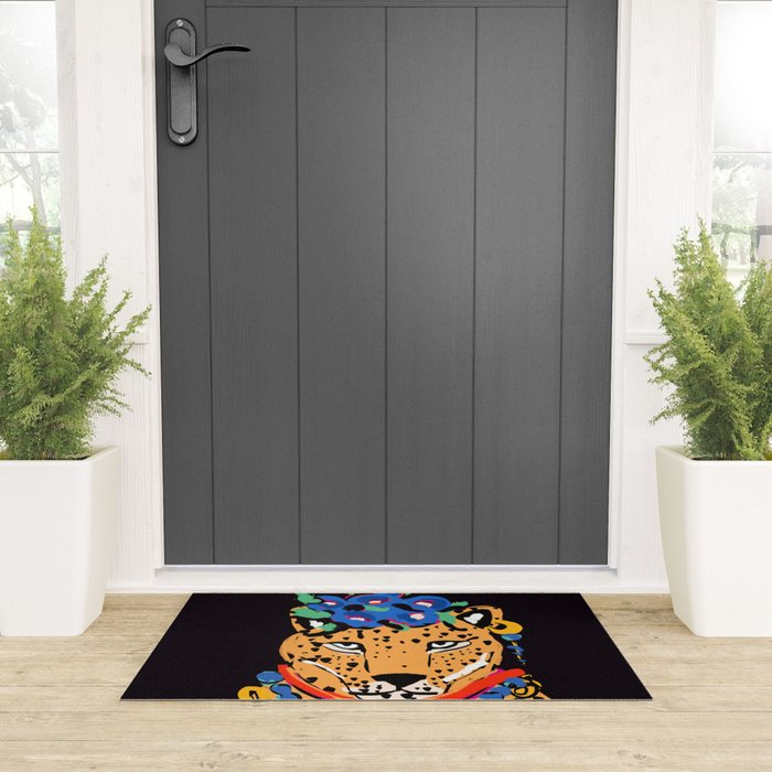 Fashionable cheetah with flowers crown portrait  Welcome Mat Gallery Image 3