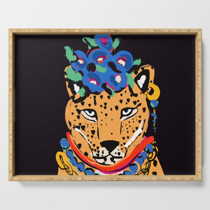 Fashionable cheetah with flowers crown portrait  Serving Tray Gallery Image 1