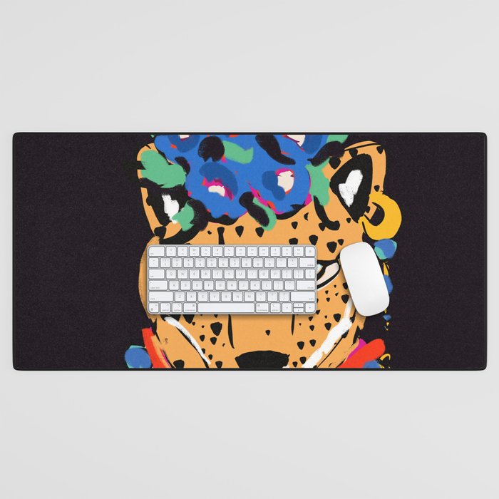 Fashionable cheetah with flowers crown portrait  Desk Mat Gallery Image 1