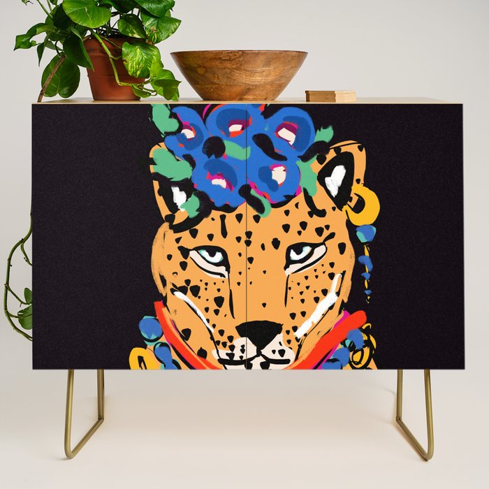 Fashionable cheetah with flowers crown portrait  Credenza Gallery Image 1