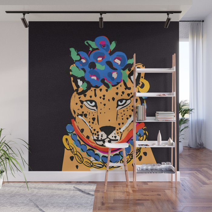 Fashionable cheetah with flowers crown portrait  Wall Mural Gallery Image 1