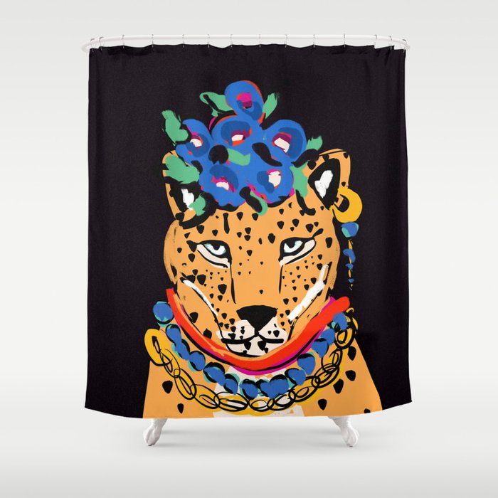 Fashionable cheetah with flowers crown portrait  Shower Curtain Gallery Image 1