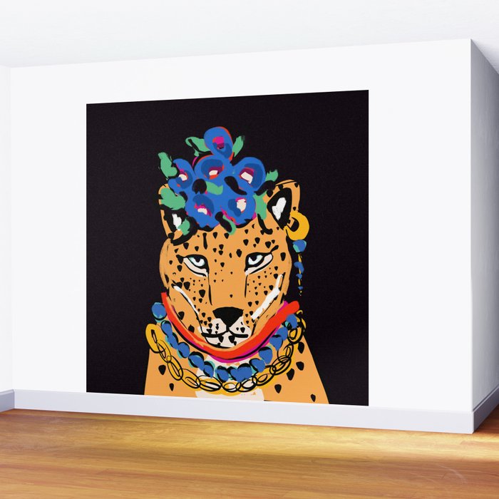 Fashionable cheetah with flowers crown portrait  Wall Mural Gallery Image 2