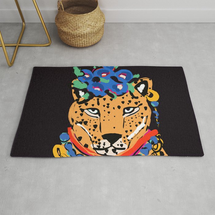 Fashionable cheetah with flowers crown portrait  Rug Gallery Image 1