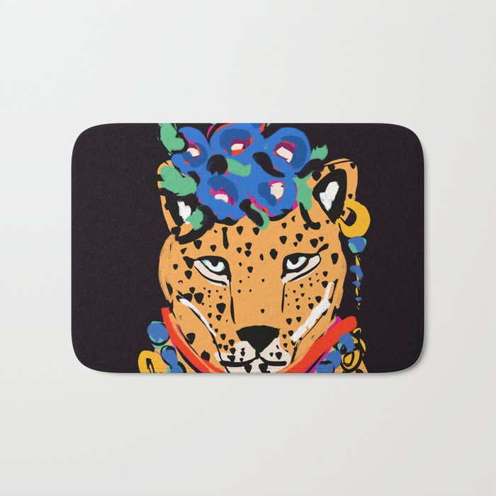 Fashionable cheetah with flowers crown portrait  Bath Mat Gallery Image 1