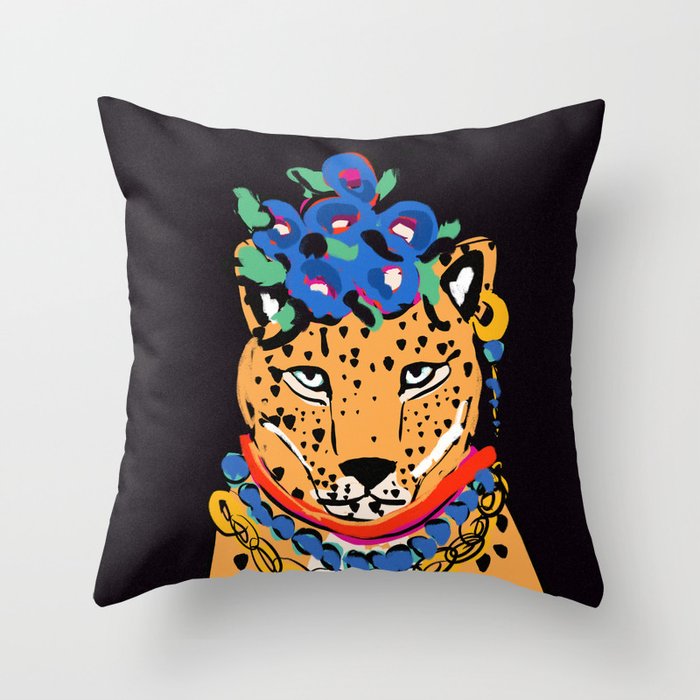 Fashionable cheetah with flowers crown portrait  Throw Pillow Gallery Image 6
