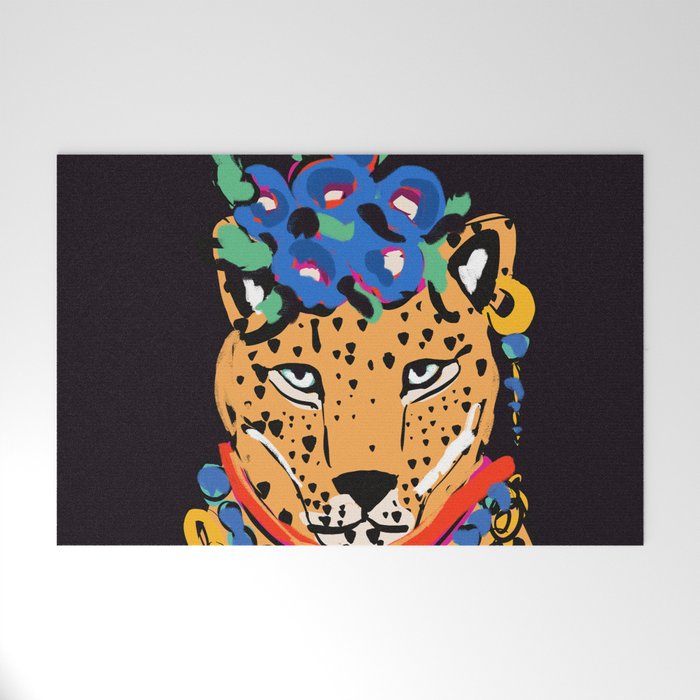 Fashionable cheetah with flowers crown portrait  Welcome Mat Gallery Image 1