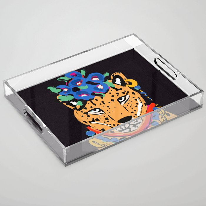 Fashionable cheetah with flowers crown portrait  Acrylic Tray Gallery Image 1
