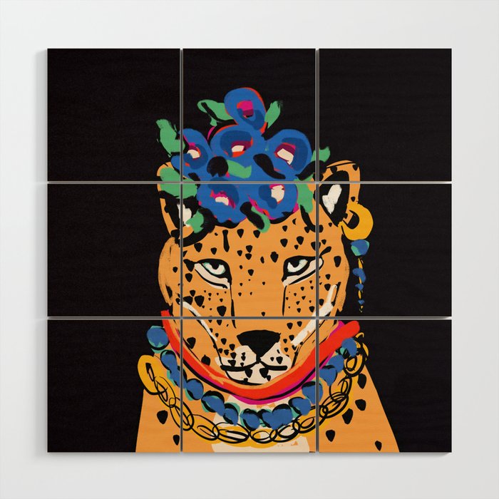 Fashionable cheetah with flowers crown portrait  Wood Wall Art Gallery Image 1