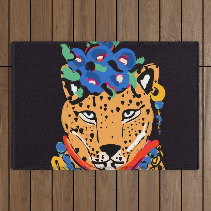 Fashionable cheetah with flowers crown portrait  Outdoor Rug Gallery Image 1