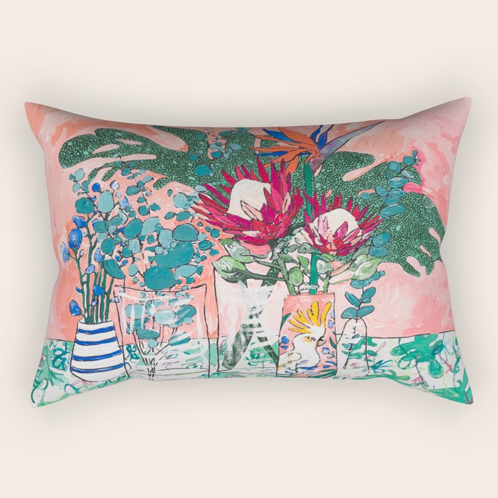 Cockatoo Vase - Bouquet of Flowers on Coral and Jungle Rectangular Pillow Gallery Image 2