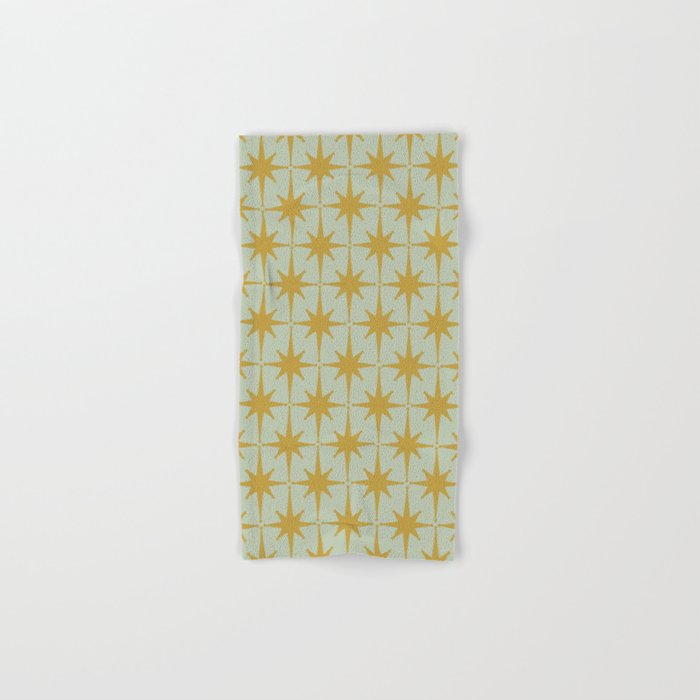 Midcentury Modern Atomic Starburst Pattern in Retro Celadon and Muted Mustard  Bath Towel Gallery Image 1