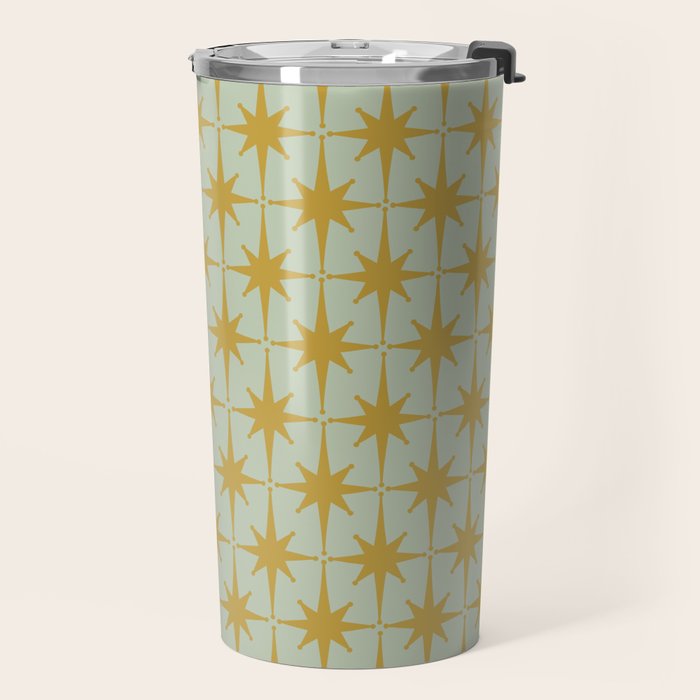 Midcentury Modern Atomic Starburst Pattern in Retro Celadon and Muted Mustard  Travel Mug Gallery Image 2
